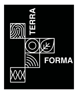 Logo Terra Forma — formes géométriques abstraites en blanc sur fond noir représentant une empreinte digitale, un cercle, une feuille et des motifs ondulés, avec le texte TERRA en vertical et FORMA en horizontal