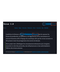 Capture d'écran du site web Revue 3.0 — interface sombre avec menu de navigation, titre et paragraphe de présentation du projet de recherche sur les revues savantes en sciences humaines à l'ère du numérique