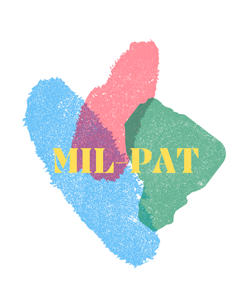 Logo MIL-PAT — trois formes organiques texturées évoquant des coups de pinceau, en bleu, rose et vert se superposant, avec le texte MIL-PAT en jaune au centre, sur fond blanc