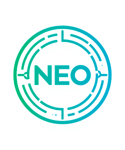 Logo du projet NEO — cercle avec cadran technique et lettres NEO en turquoise sur fond blanc