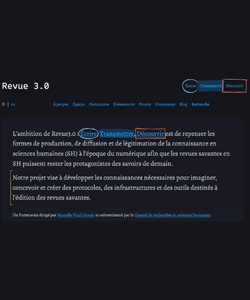 Capture d'écran du site web Revue 3.0 — interface sombre avec menu de navigation, titre et paragraphe de présentation du projet de recherche sur les revues savantes en sciences humaines à l'ère du numérique