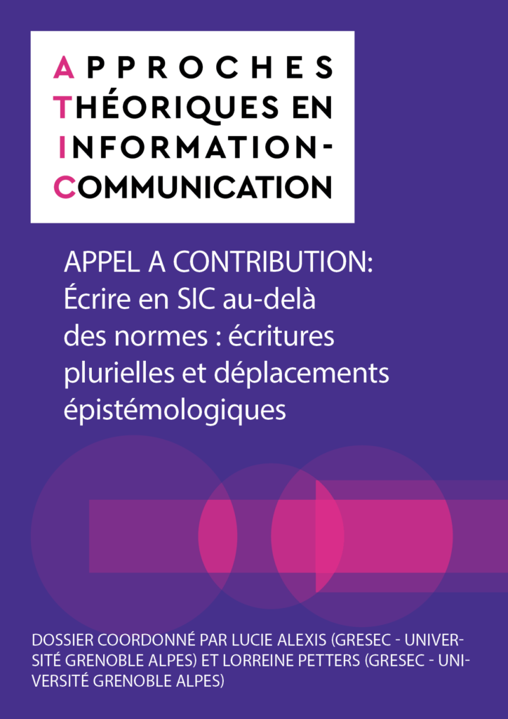 Appel à contribution revue ATIC, couverture Ecrire en SIC au-dela des normes