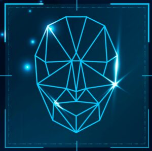 Visage stylisé en fils de fer bleus sur fond technologique, évoquant la reconnaissance faciale