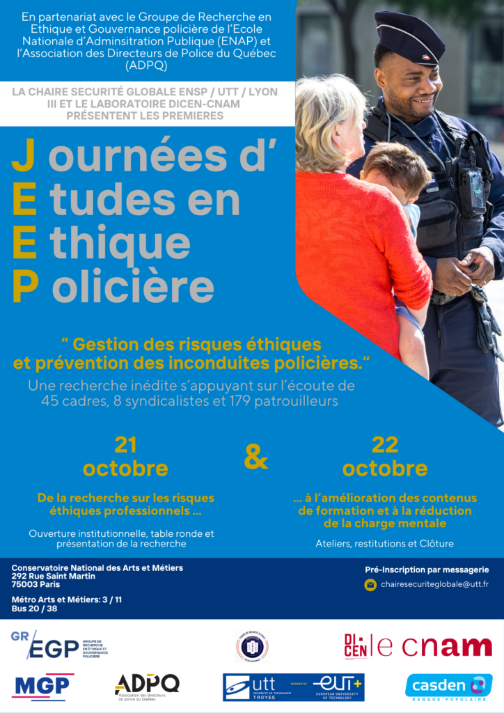 Flyer des premières Journées d'Études en Éthique Policière (JEEP), « Gestion des risques éthiques et prévention des inconduites policières », les 21 et 22 octobre au Cnam, 292 rue Saint-Martin, Paris 3e. Photo d'un policier en uniforme souriant face à une femme portant un enfant dans ses bras.